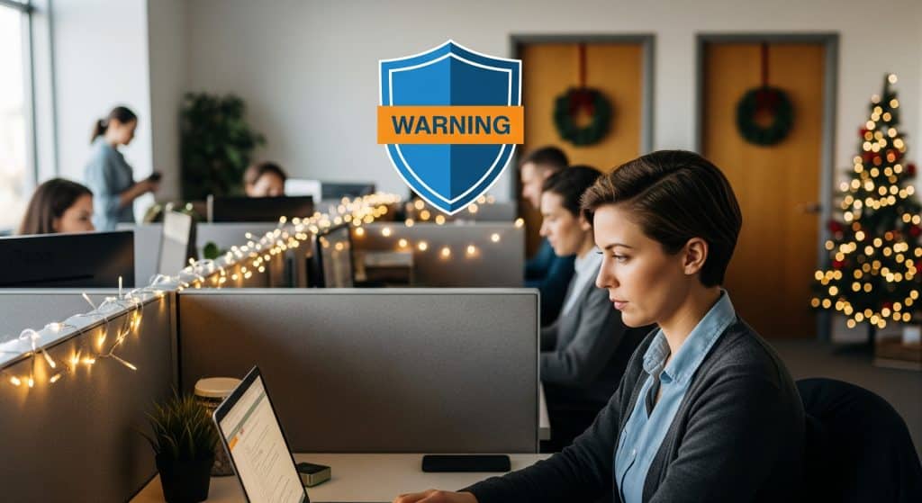 Small business cybersecurity during the holiday season with office decorations.