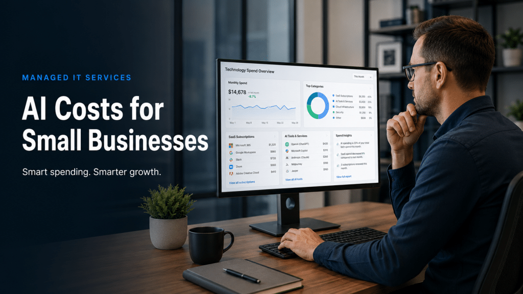 Small business manager reviewing AI tool and technology spending on a desktop dashboard in a modern office.