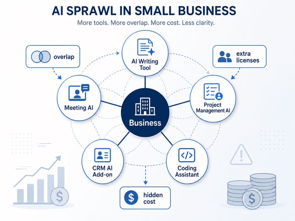 Infographic showing a business connected to multiple AI tools, including writing, meetings, project management, CRM, and coding assistants, with callouts for overlap, extra licenses, and hidden cost.