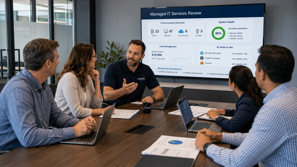 Small business team meeting with an IT advisor to review managed IT services, technology costs, system health, and AI tool usage.