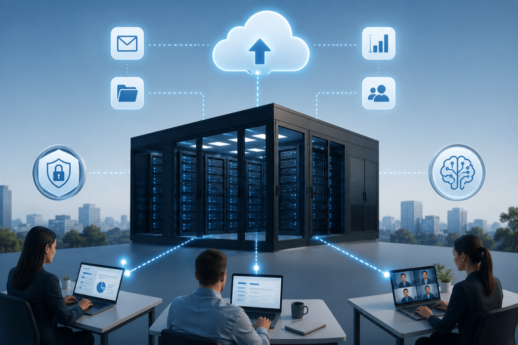 Data center connected to cloud apps, business laptops, and AI tools