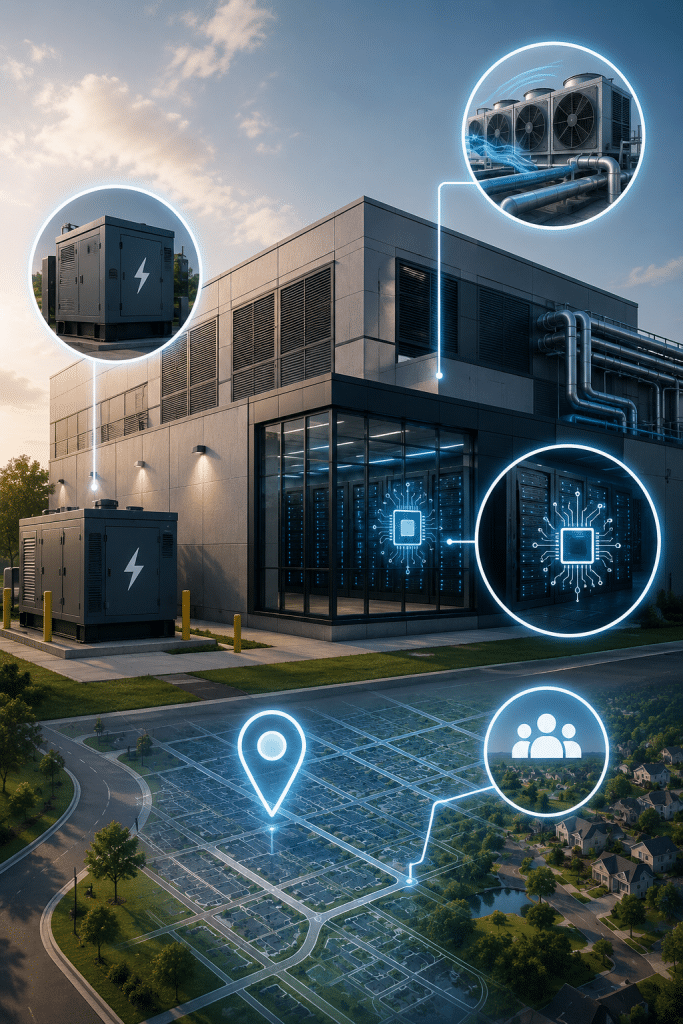 Data center with power, cooling, AI infrastructure, and community planning concepts