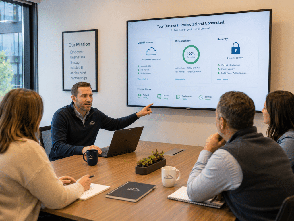 Small business team reviewing cloud systems, backups, and security with an IT advisor
